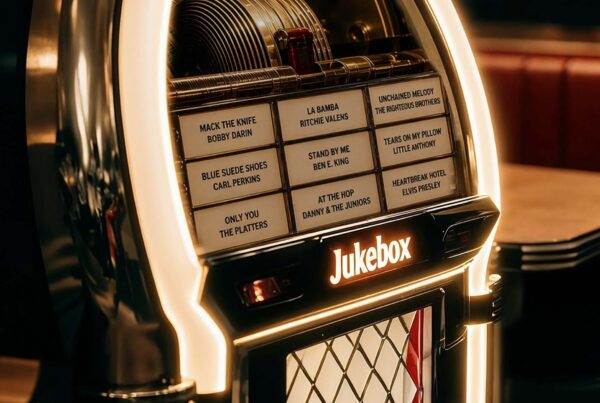 Audio archive page for singer Angelo Ruggiero featuring a jukebox with classic songs from the 1950s and 1960s.