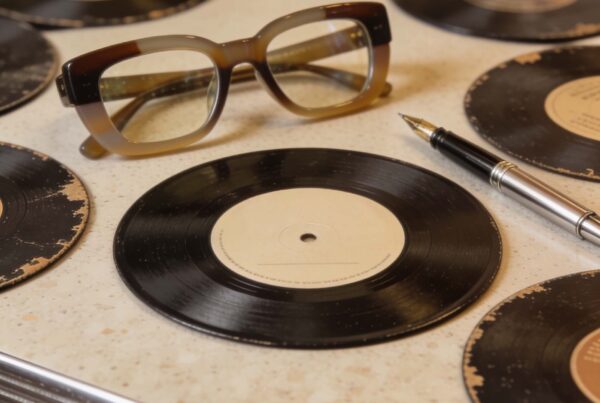 Fan guestbook with vintage records and pen.