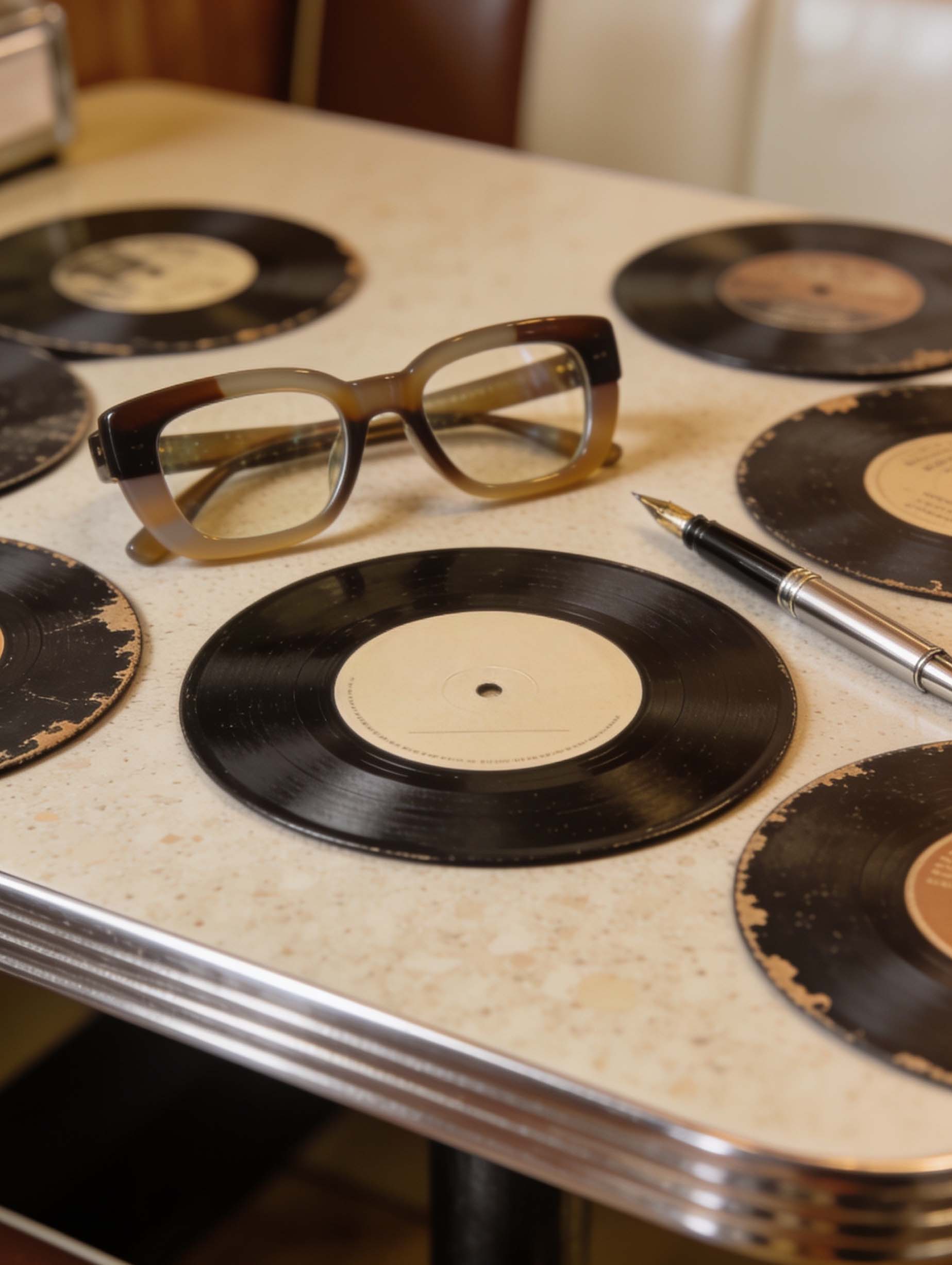 Fan guestbook with vintage records and pen.