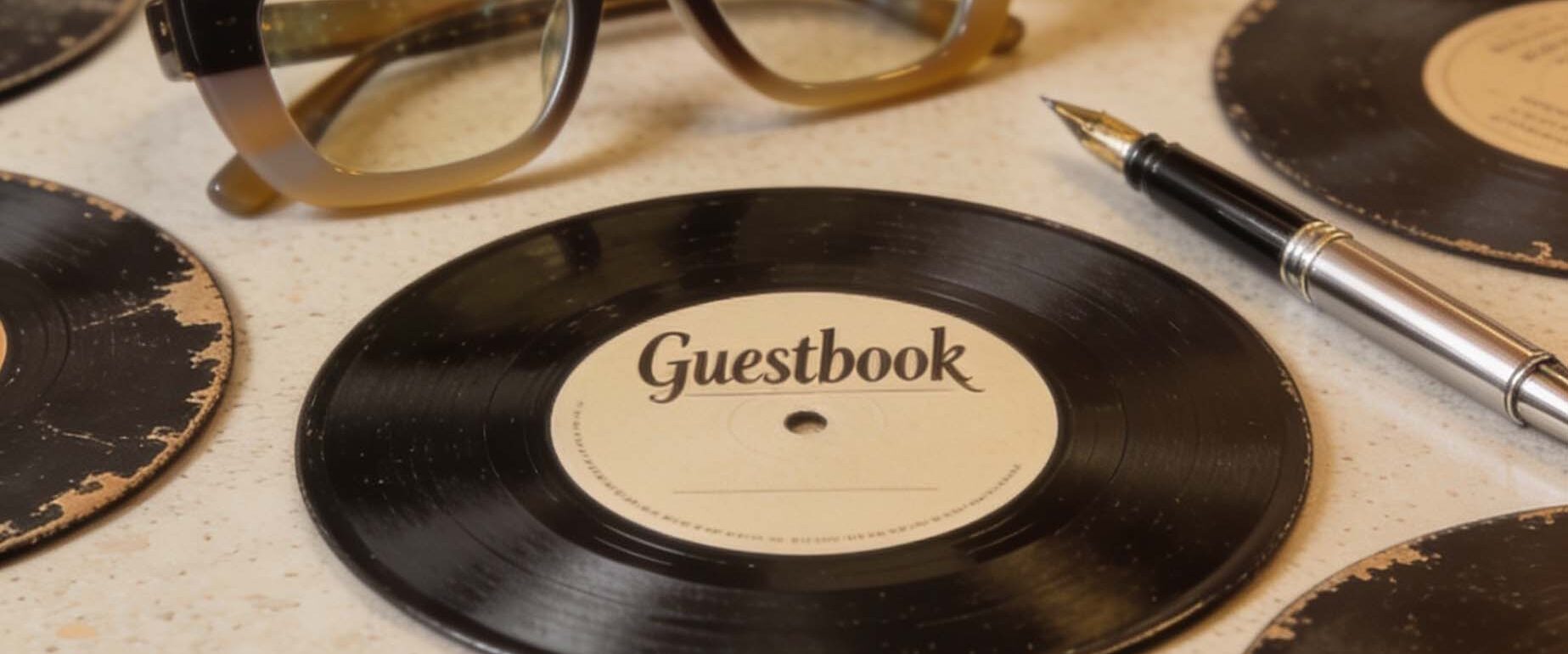 Fan guestbook with vintage records and pen with the word Guestbook.