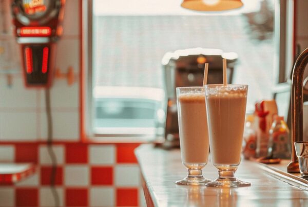 Contact page featured image of a retro diner and classic stools with two milkshakes.