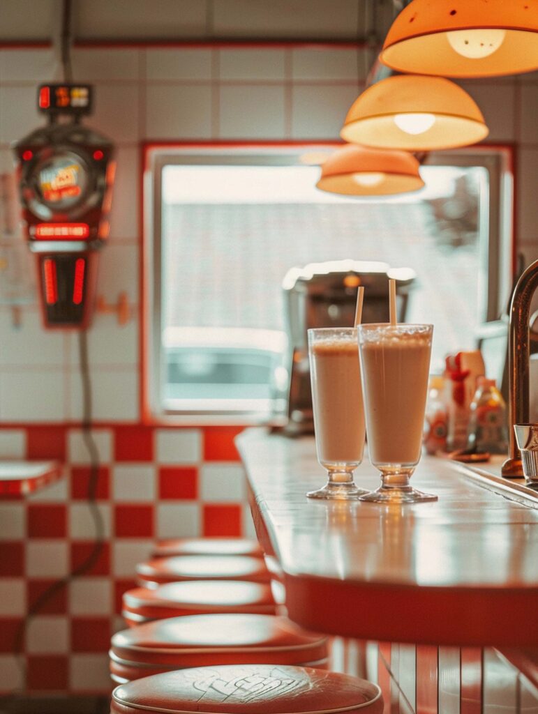 Contact page featured image of a retro diner and classic stools with two milkshakes.